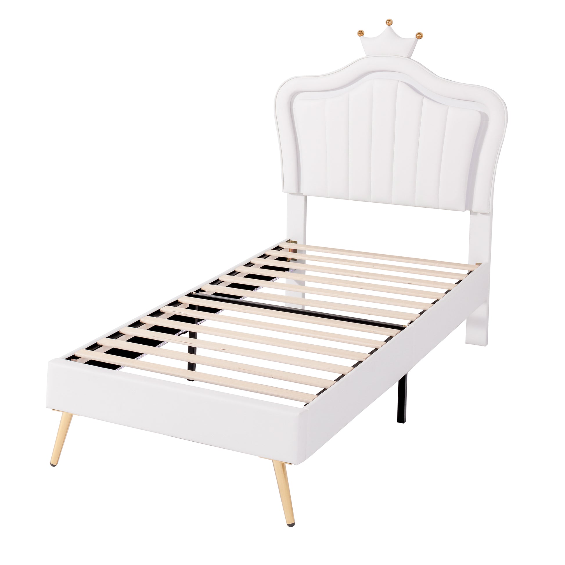 White upholstered twin bed frame with gold crown detail and tapered legs