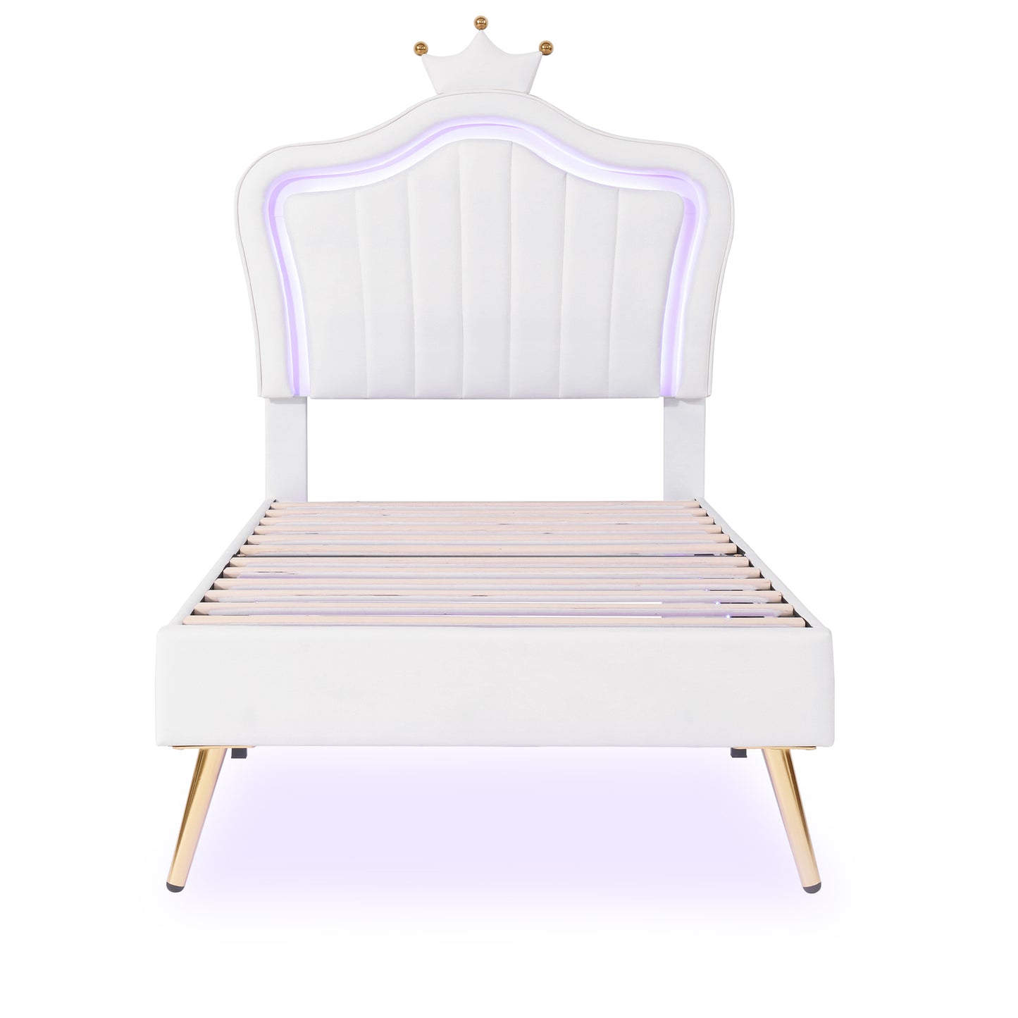 White upholstered twin bed frame with LED lights and gold legs