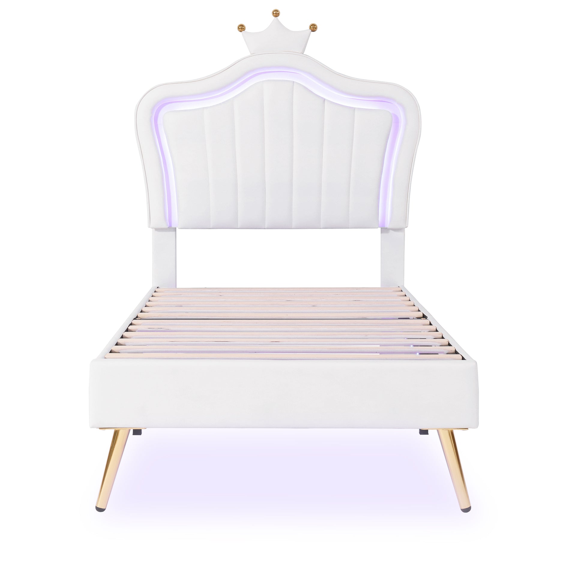 White upholstered twin bed frame with LED lights and gold legs