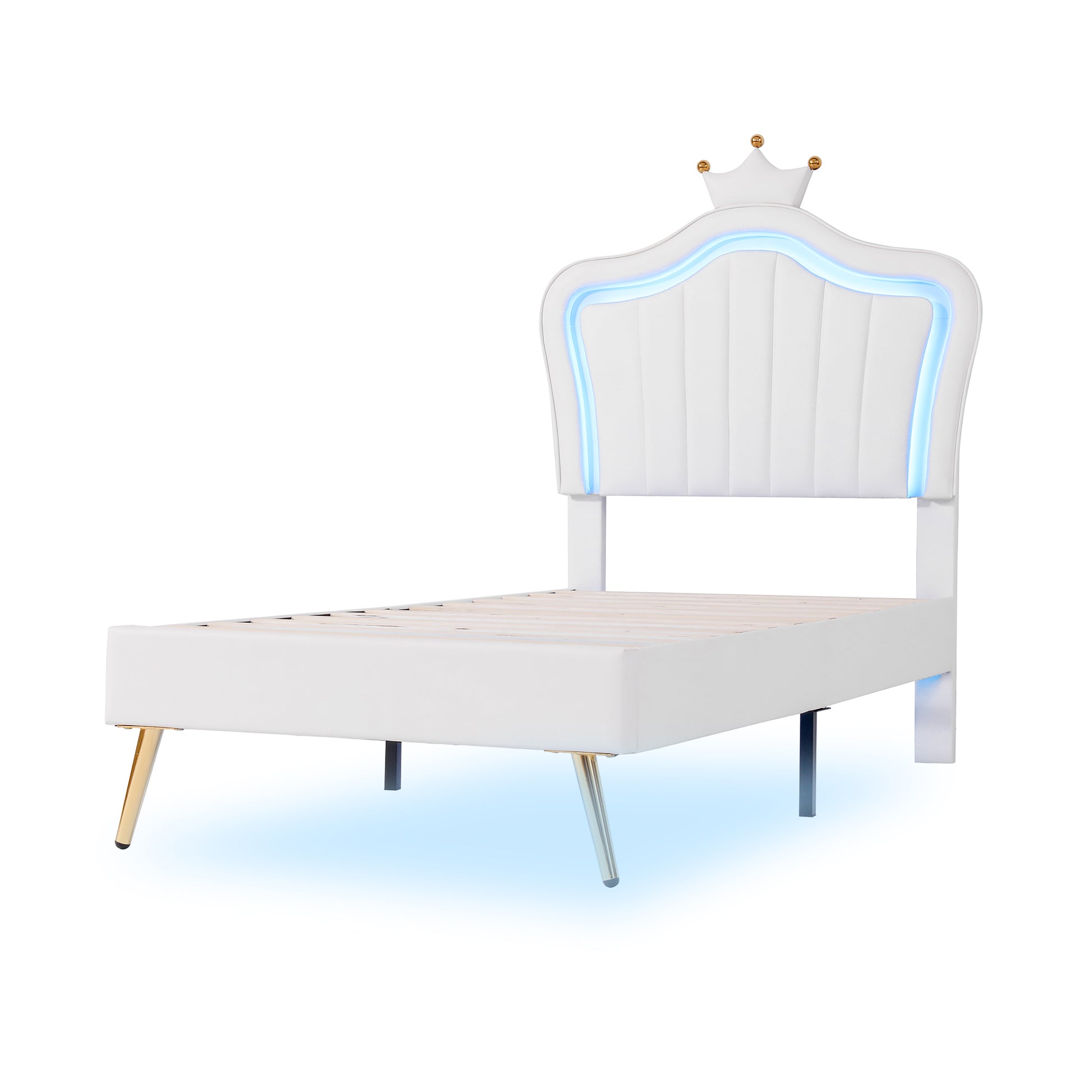 White upholstered twin bed frame with crown headboard and LED lights