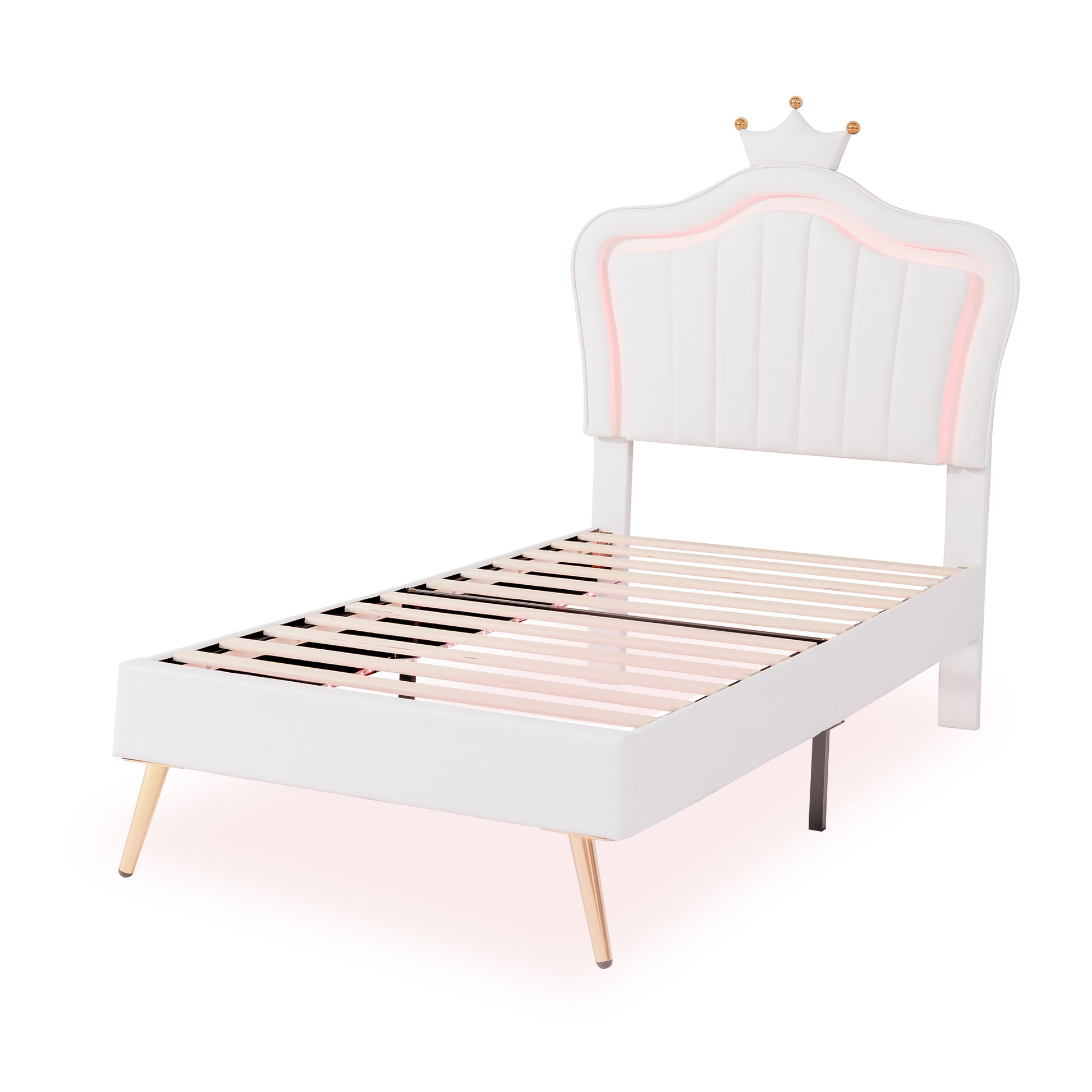 White upholstered twin bed frame with pink LED trim and crown headboard