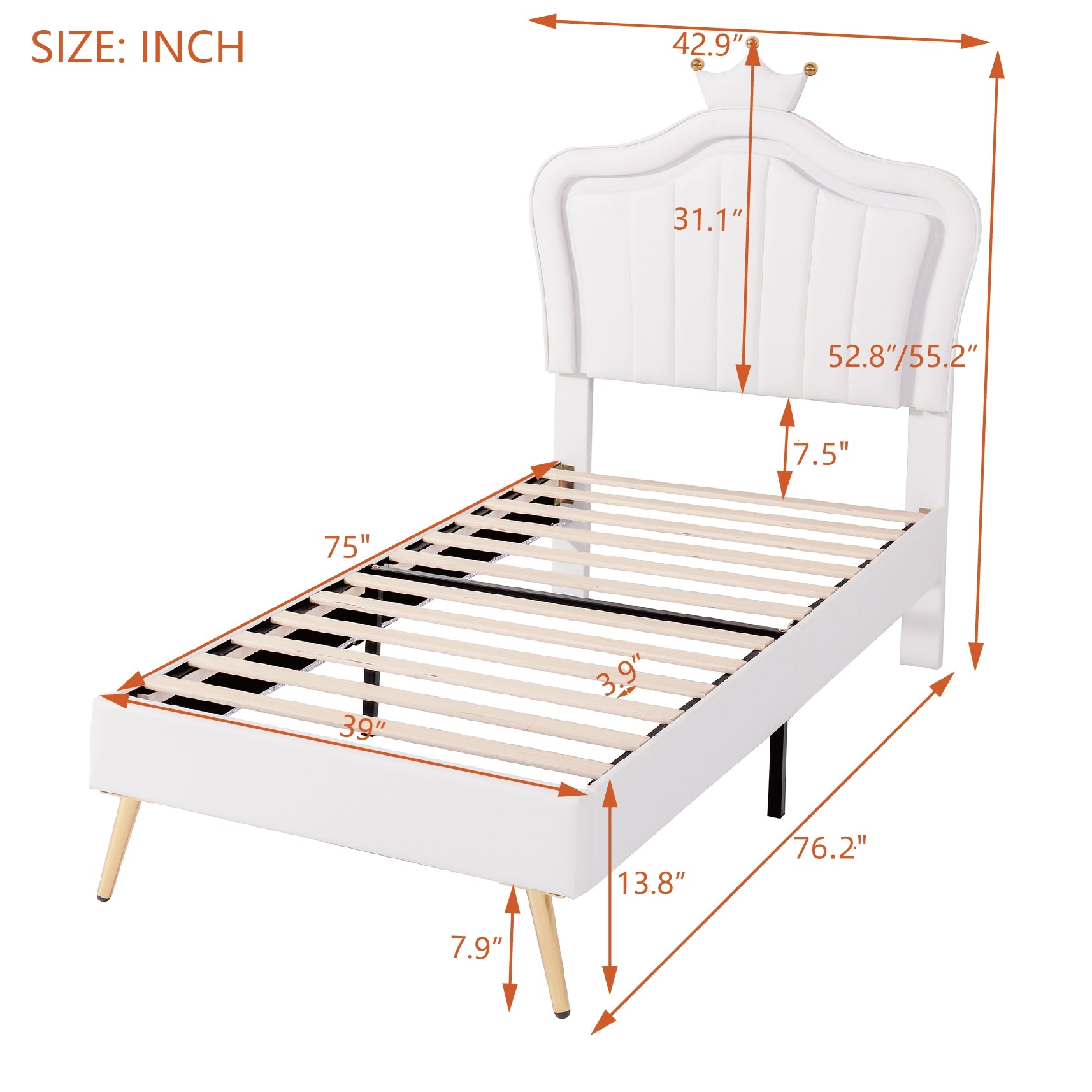 White velvet twin bed frame with crown headboard and wooden slats