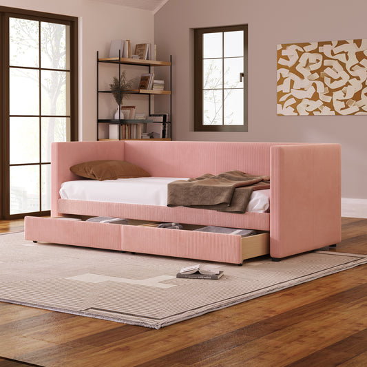 Pink corduroy daybed with trundle and storage drawers