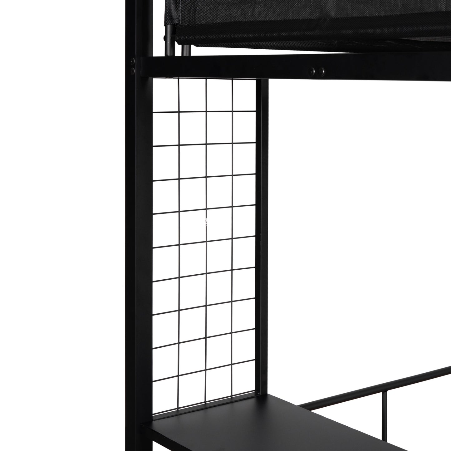 Black metal bunk bed frame detail with wire mesh support