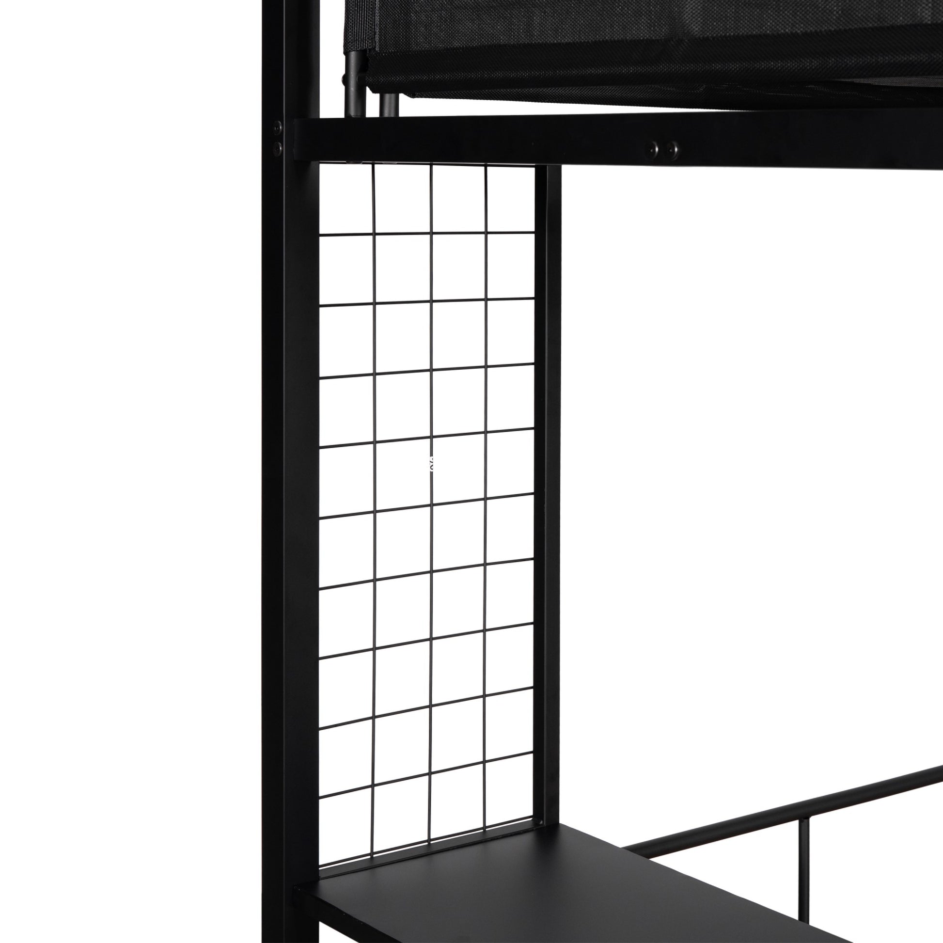 Black metal bunk bed frame detail with wire mesh support