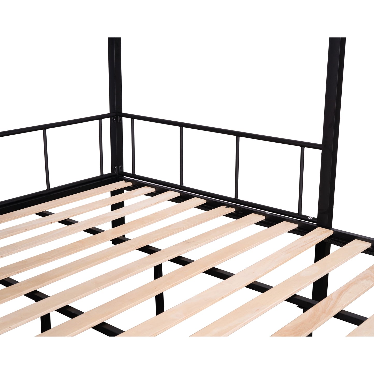 Black metal canopy bed frame with wooden slats