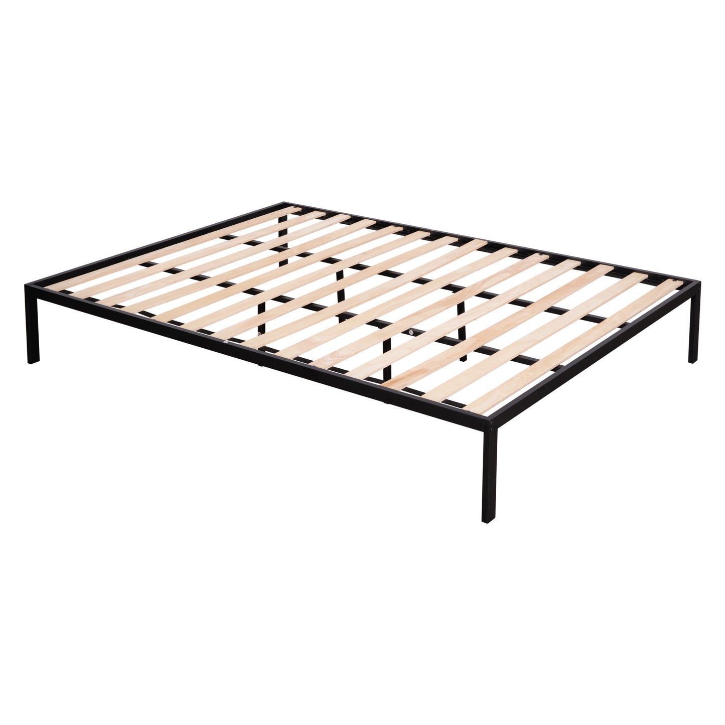Black metal platform bed frame with wooden slats
