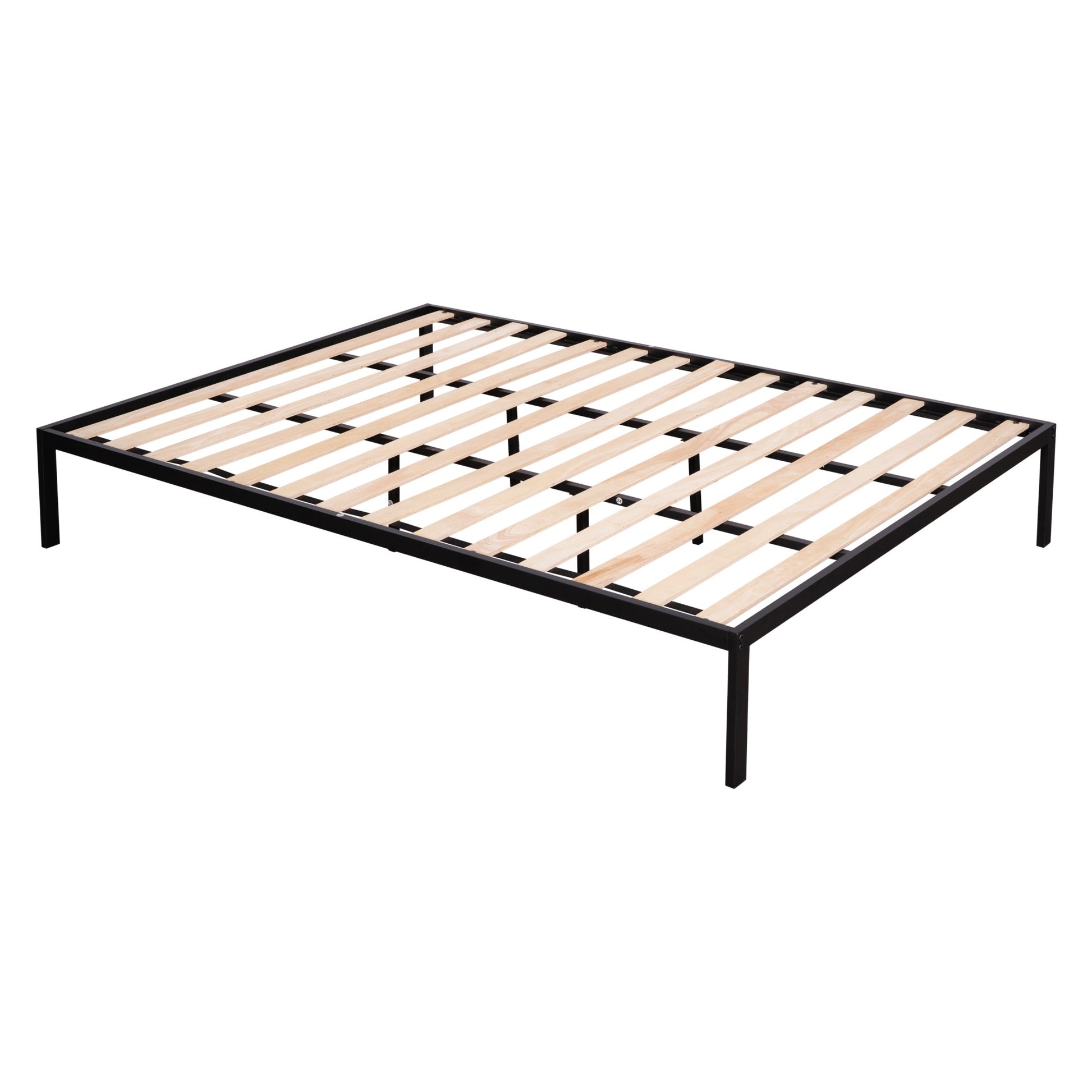 Black metal platform bed frame with wooden slats