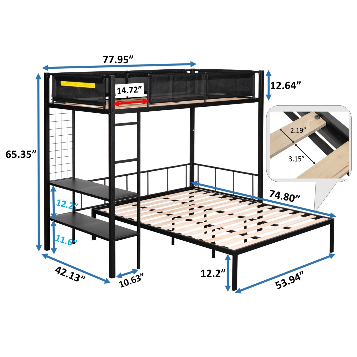 Black metal bunk bed with integrated shelves and detailed dimensions