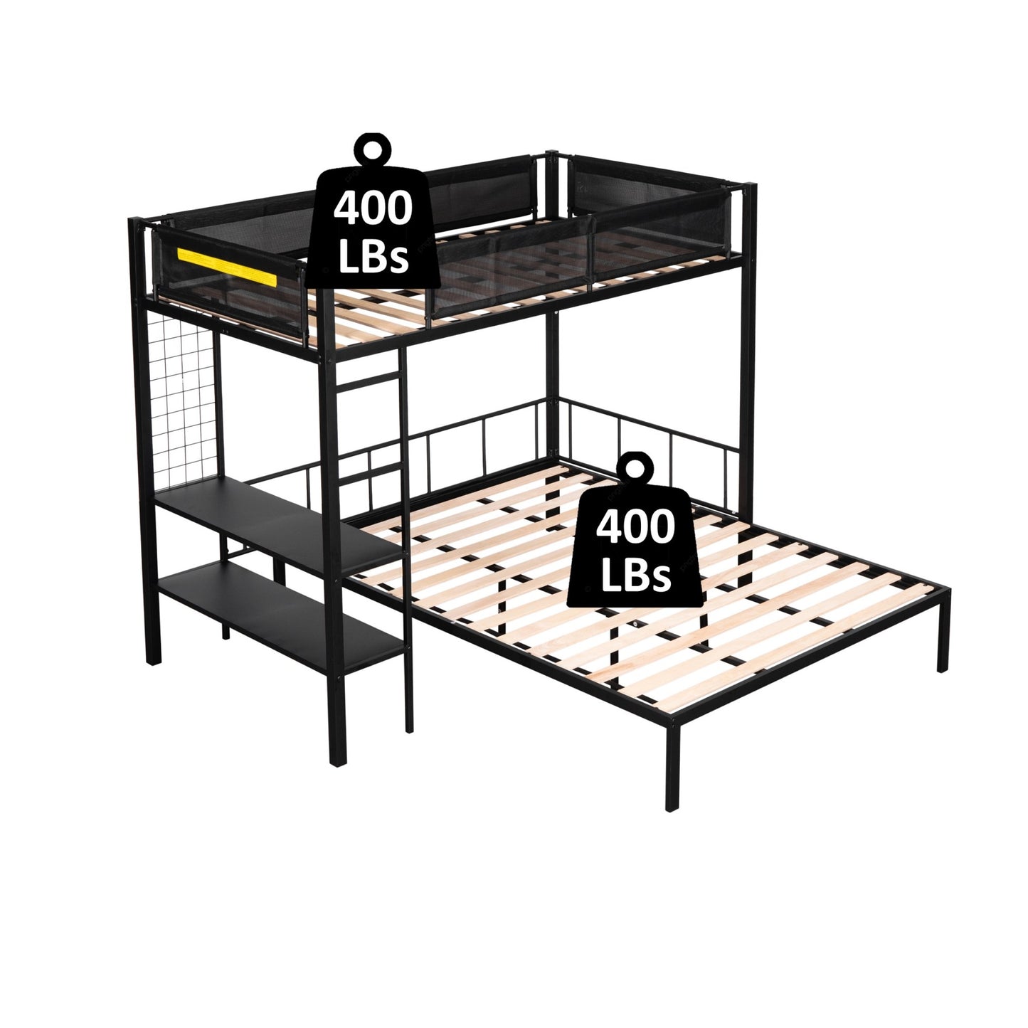 Black metal loft bed with two shelves and  LBS weight capacity