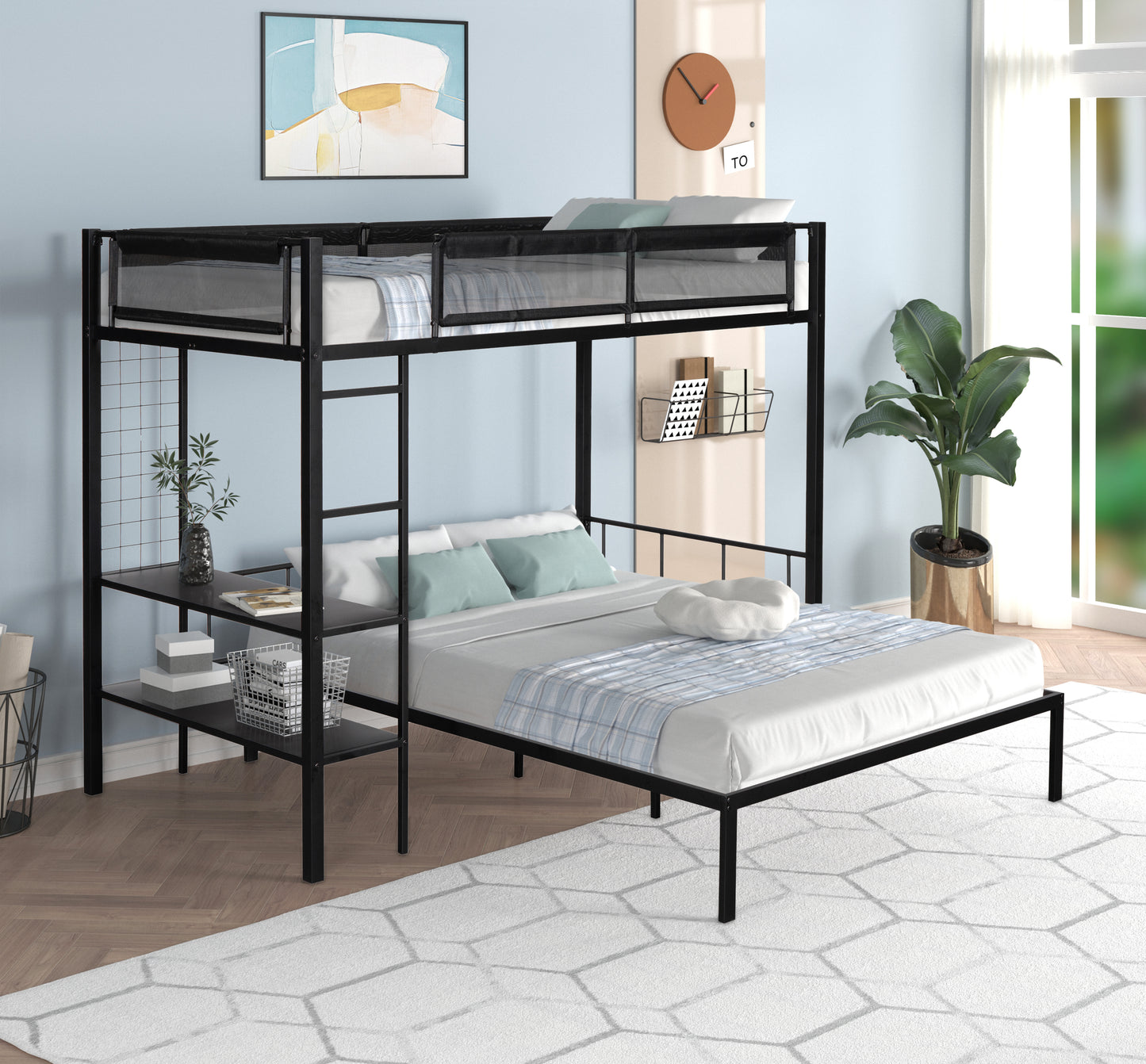 Black metal bunk bed with desk and full size lower bed