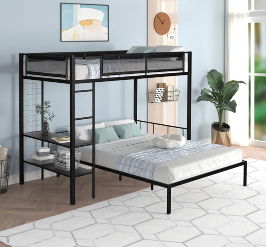 Black metal bunk bed with desk and full size lower bed