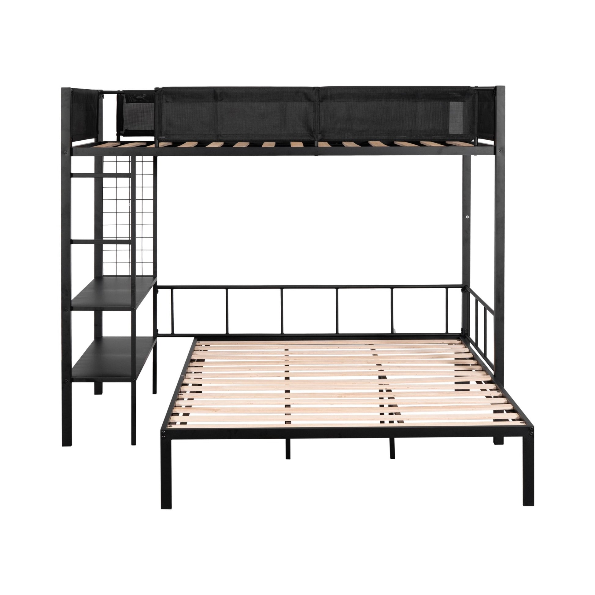 Black metal loft bed with desk and shelves