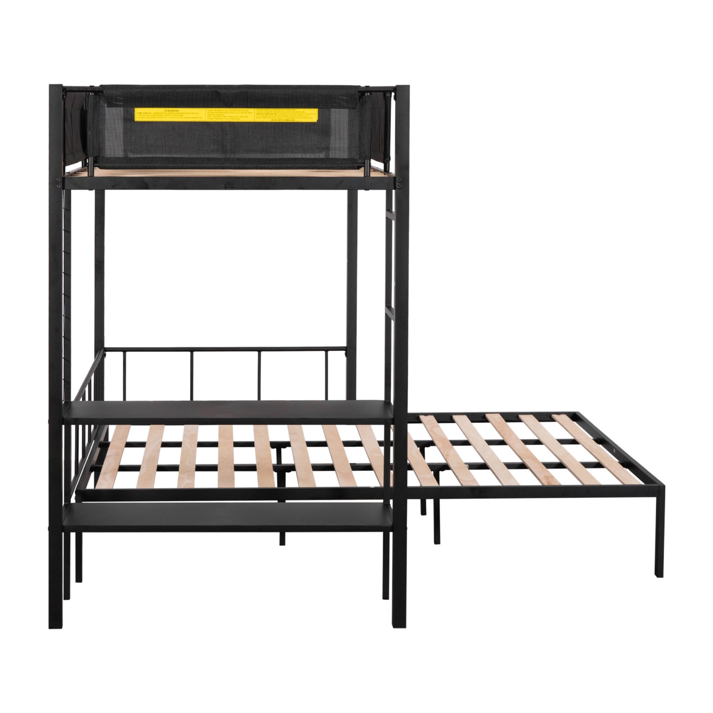 Black metal twin over twin bunk bed with pullout trundle and desk