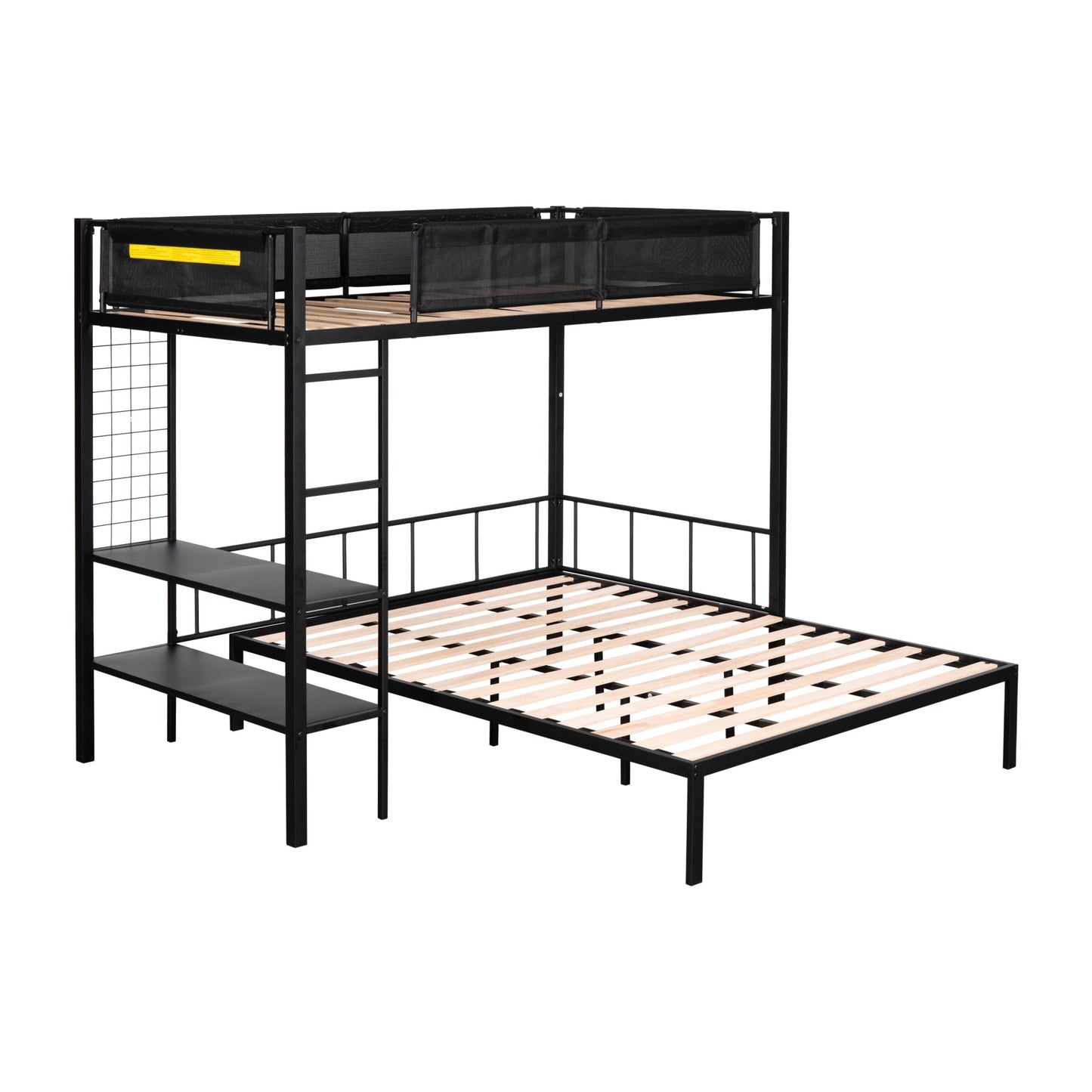 Black metal twin over twin bunk bed with integrated shelves and storage