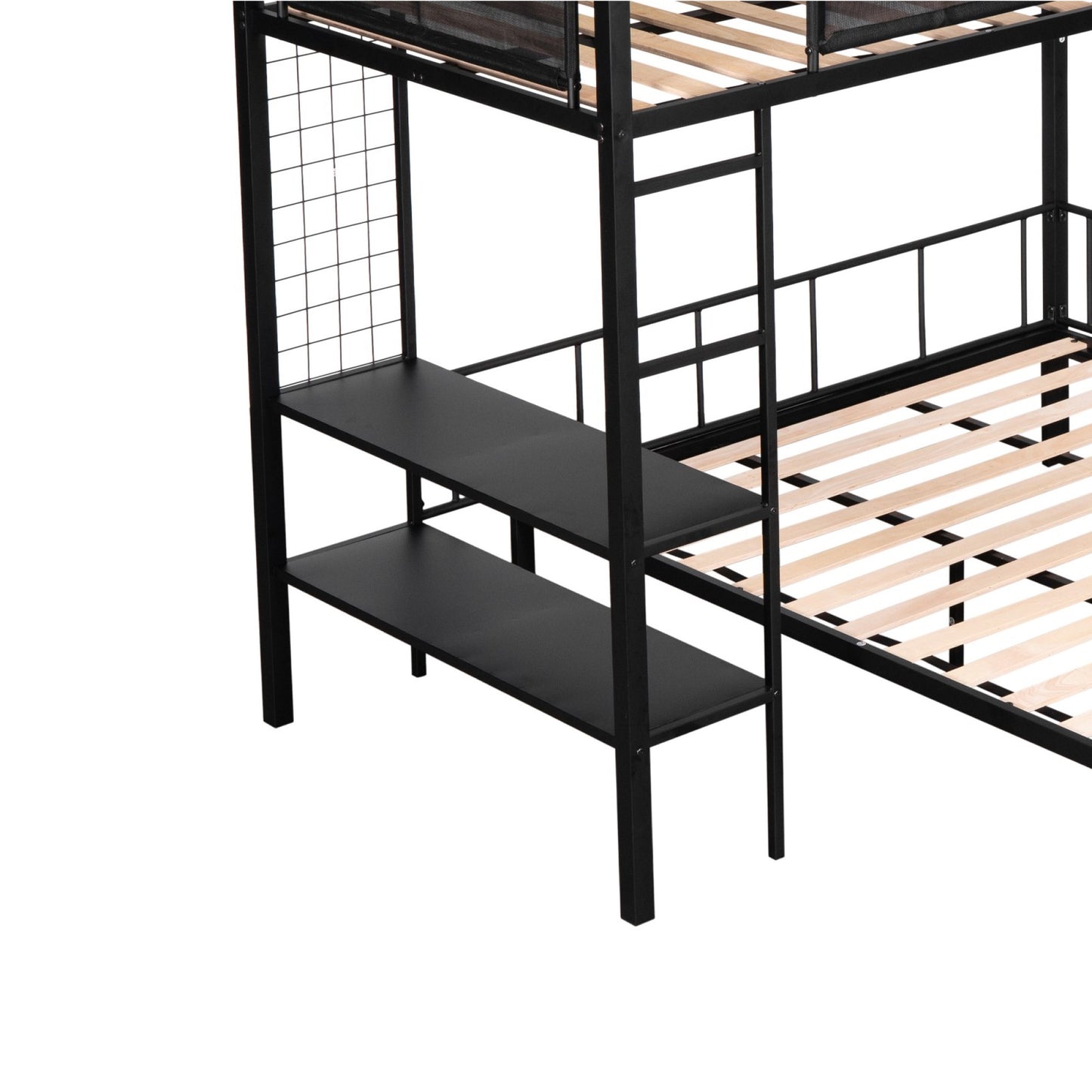 Black metal bunk bed frame with integrated shelving and wooden slats