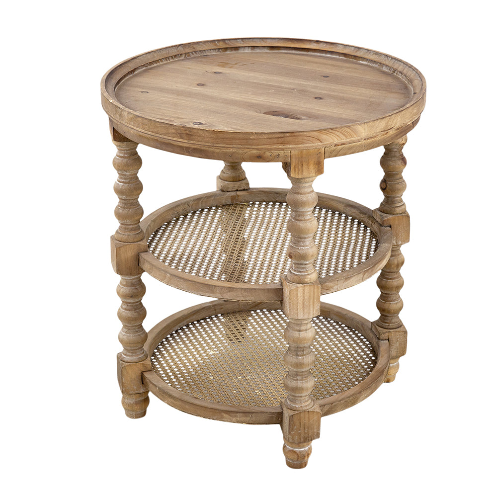 Round wooden end table with two cane shelves and turned legs