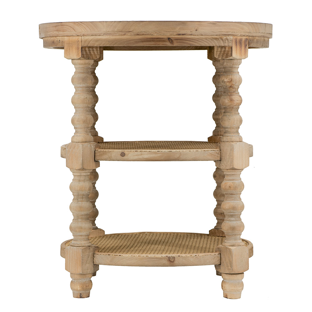 Round top distressed wood accent table with cane shelves and carved legs