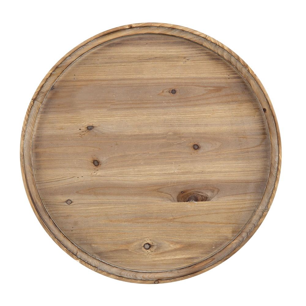 Rustic wooden round tabletop with visible grain and knots