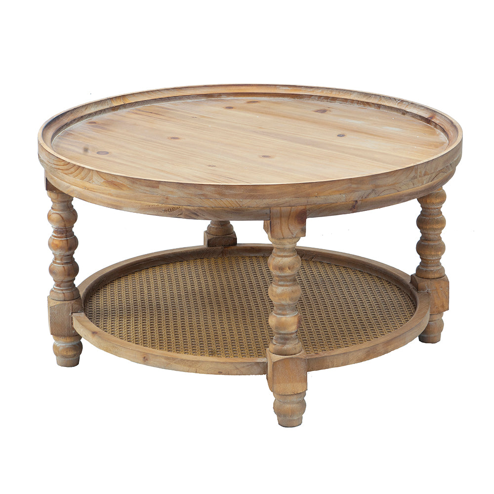 Rustic wood round coffee table with woven shelf