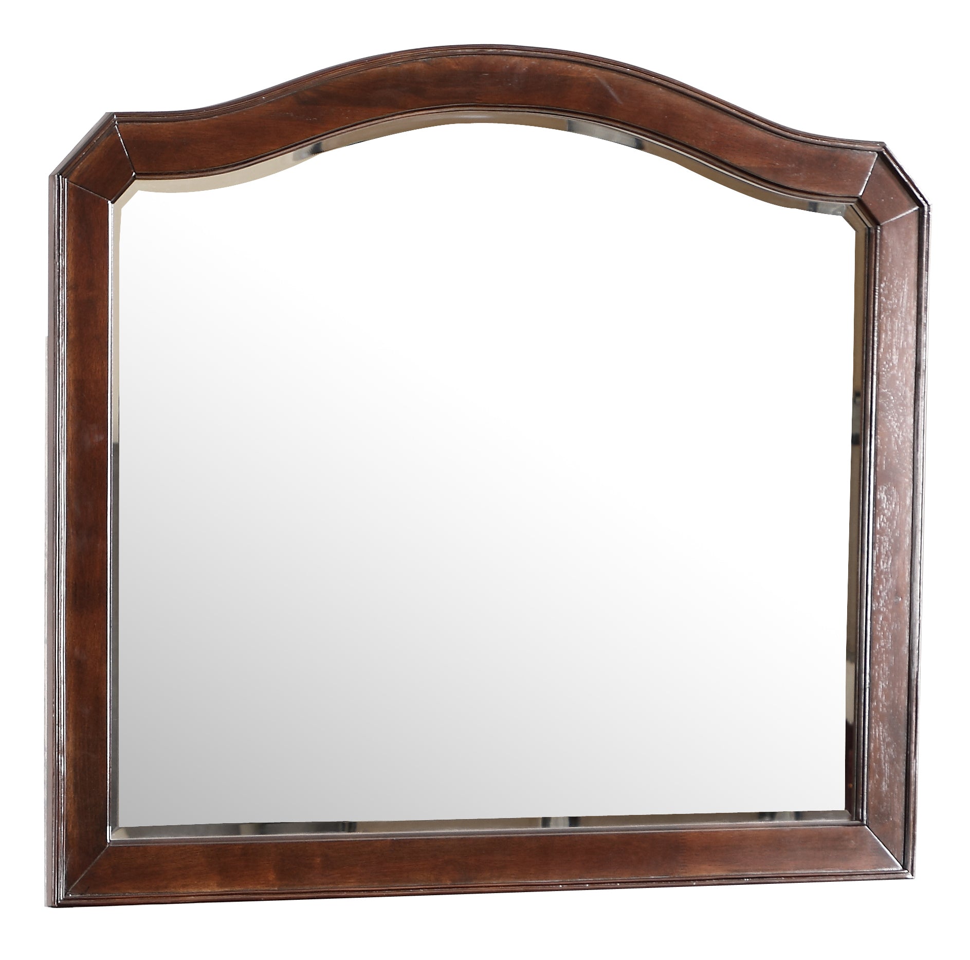 Archtop dark wood vanity mirror with beveled edge
