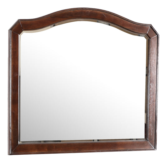 Archtop dark wood vanity mirror with beveled edge