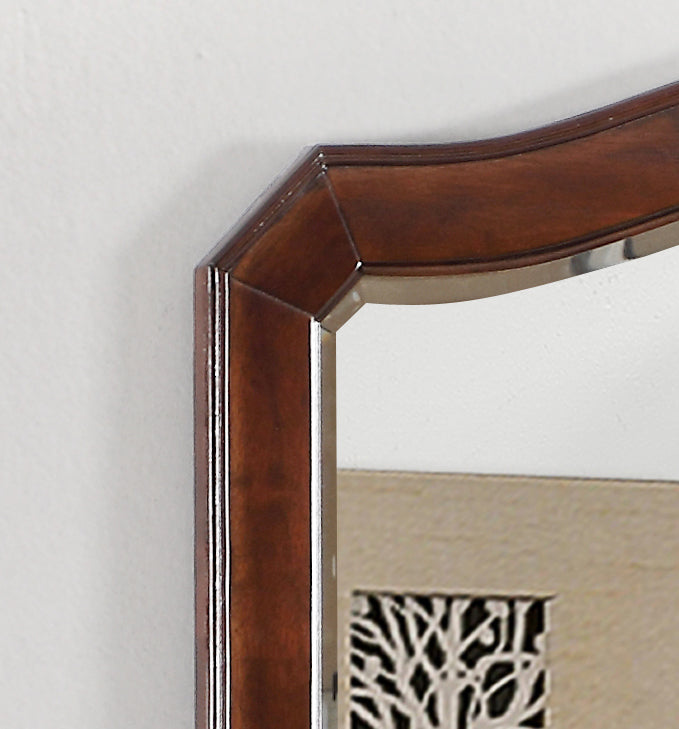 Dark brown ornate woodframed mirror corner detail
