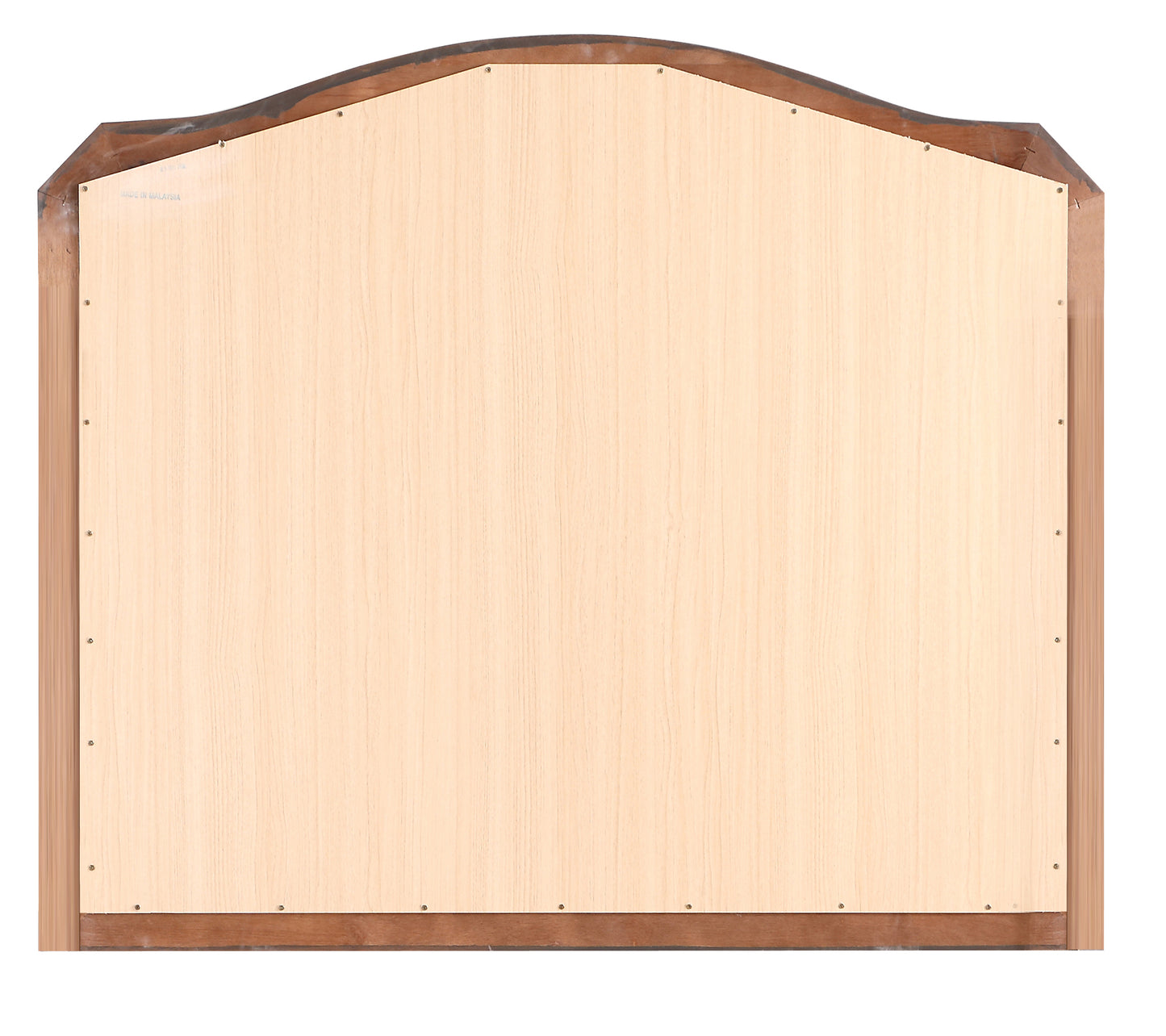 Arched wooden headboard back panel with light wood grain and dark frame