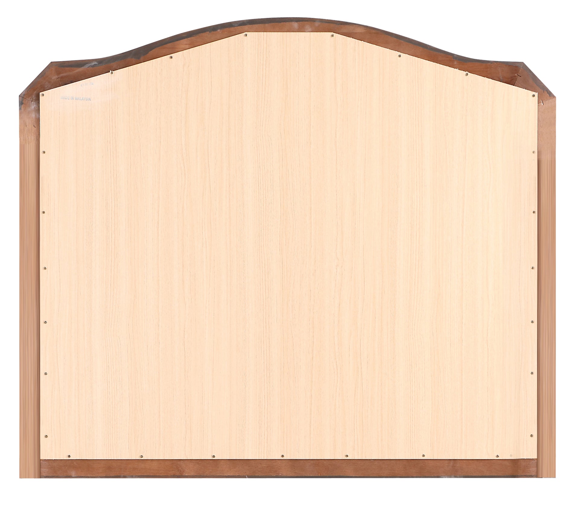 Arched wooden headboard back panel with light wood grain and dark frame