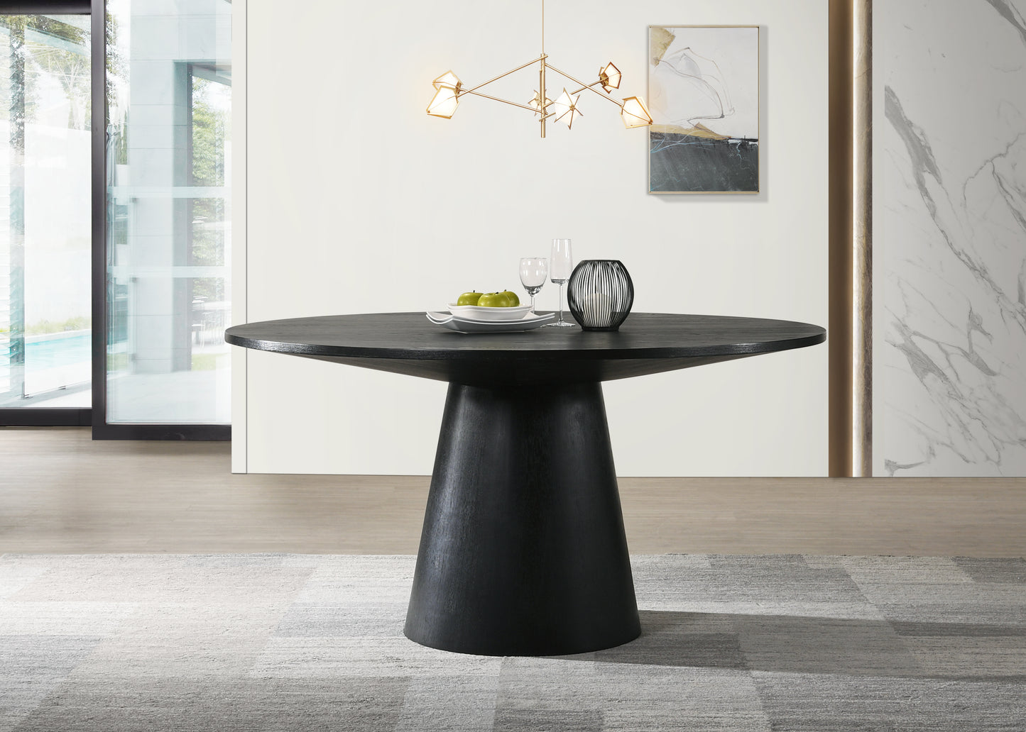 Black wood pedestal dining table with a matte finish