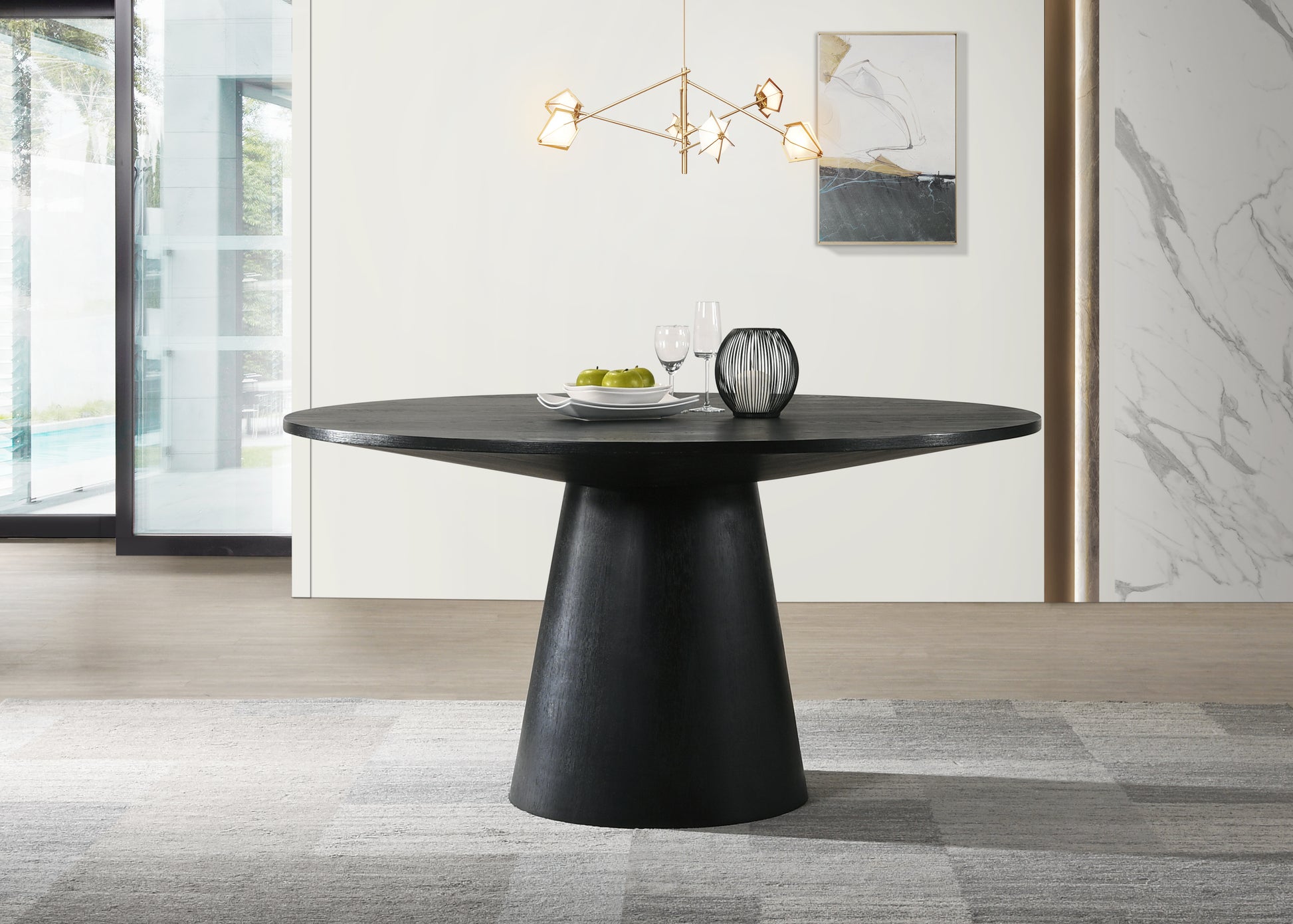 Black wood pedestal dining table with a matte finish