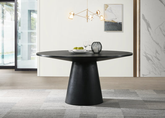 Black wood pedestal dining table with a matte finish