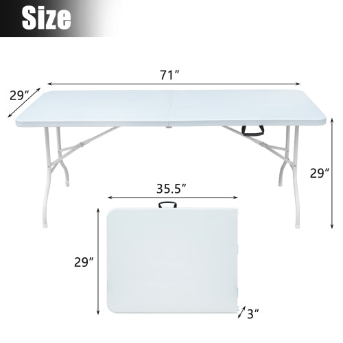 White plastic folding table unfolded and folded showing dimensions for event use