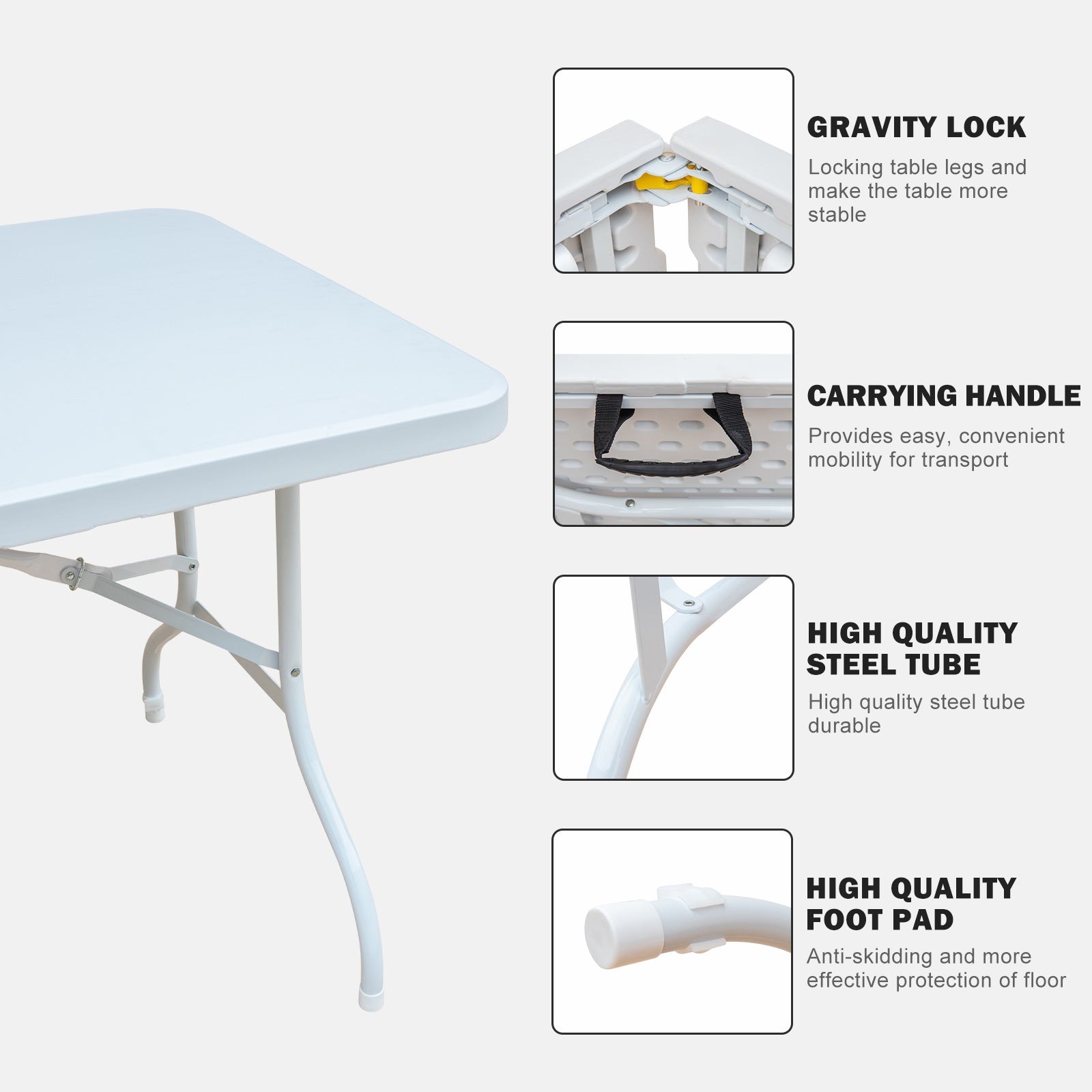 White folding table with gravity lock mechanism