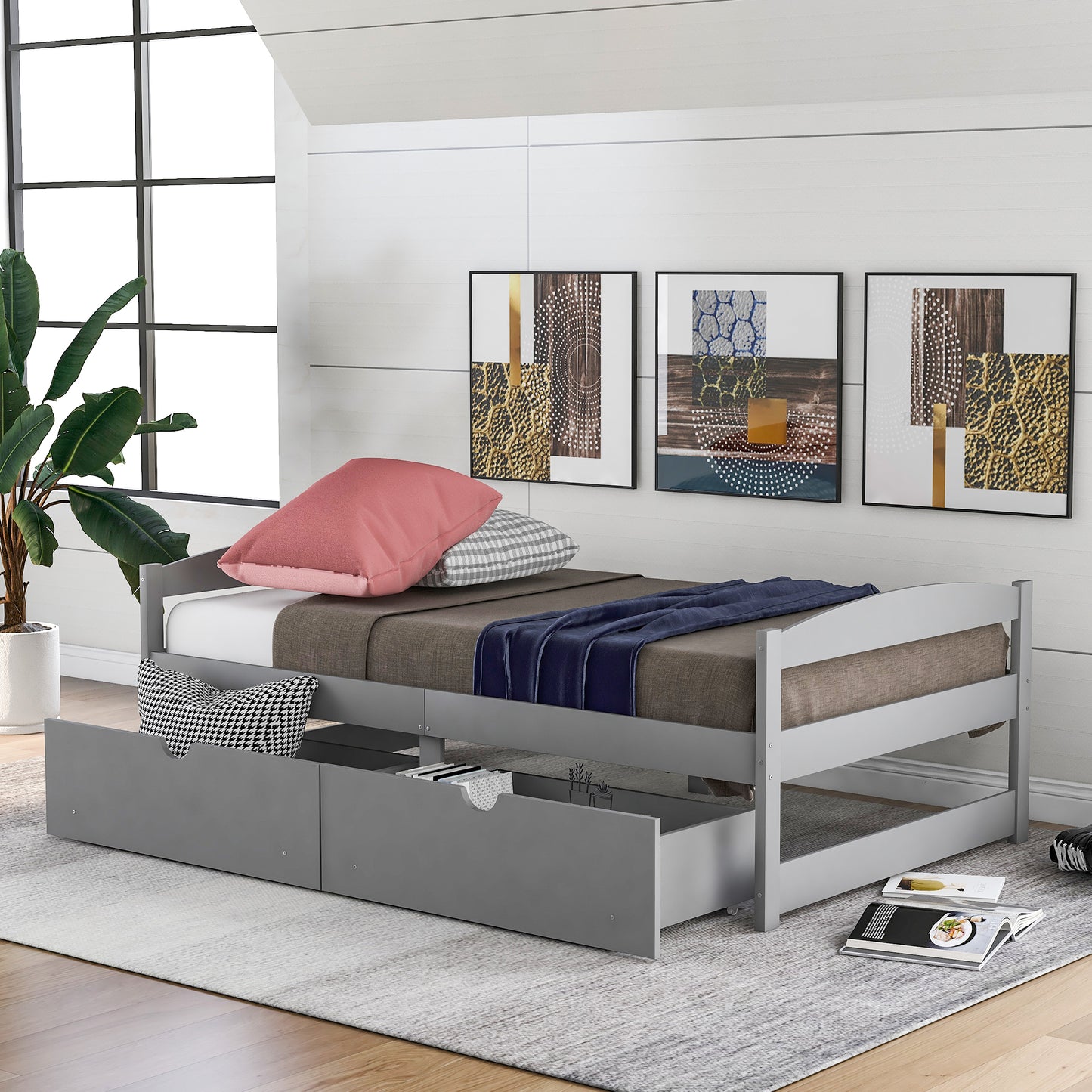 TREATLIFE HOME Twin Size Platform Bed with Two Drawers for Storage, Simple Design, Space Saving, Gray