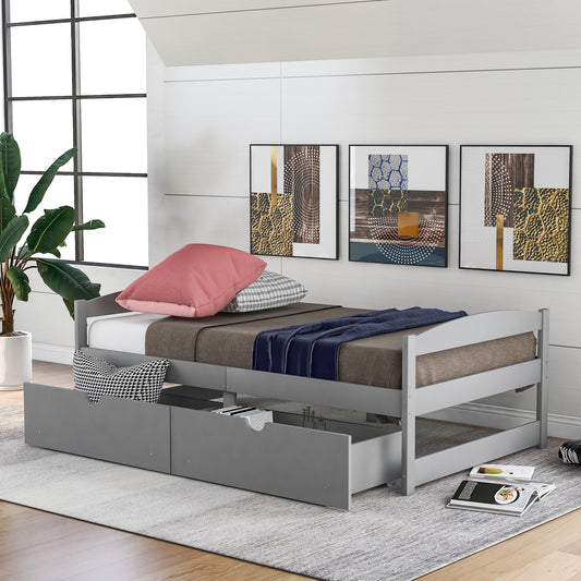 TREATLIFE HOME Twin Size Platform Bed with Two Drawers for Storage, Simple Design, Space Saving, Gray