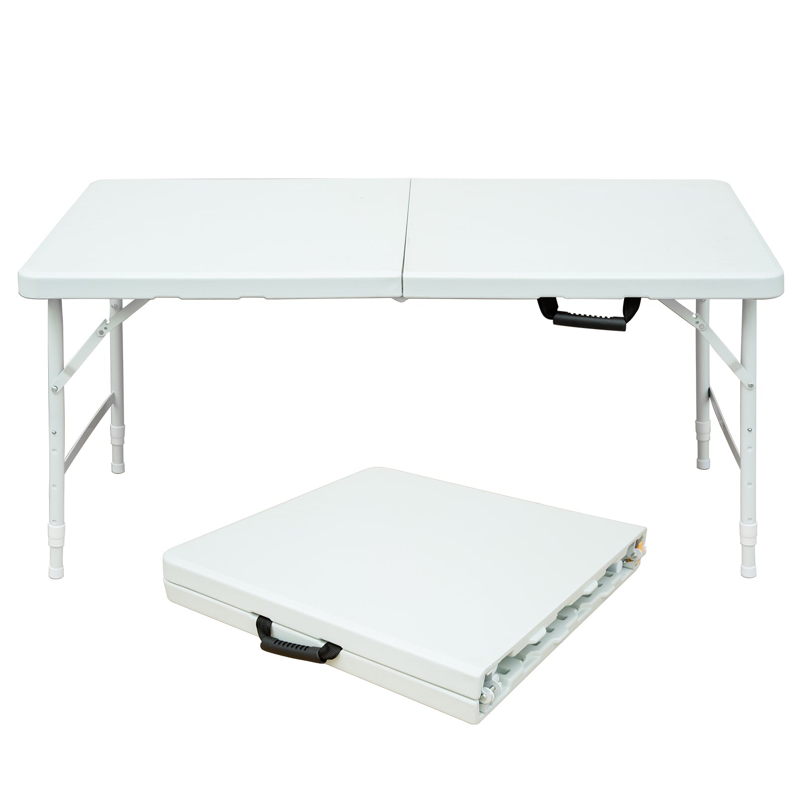 White foldable folding table with carry handle and adjustable legs