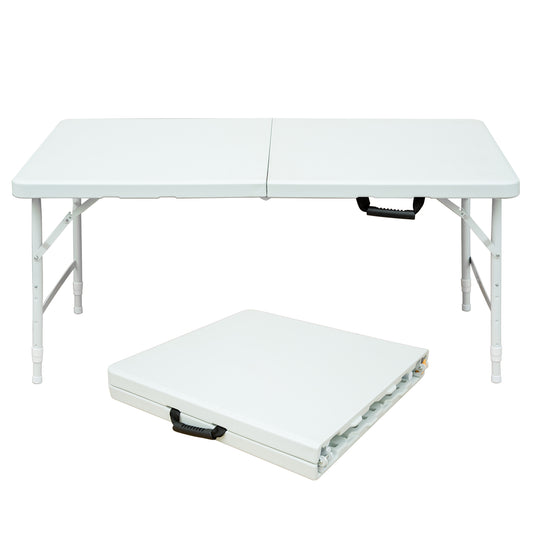 White foldable folding table with carry handle and adjustable legs