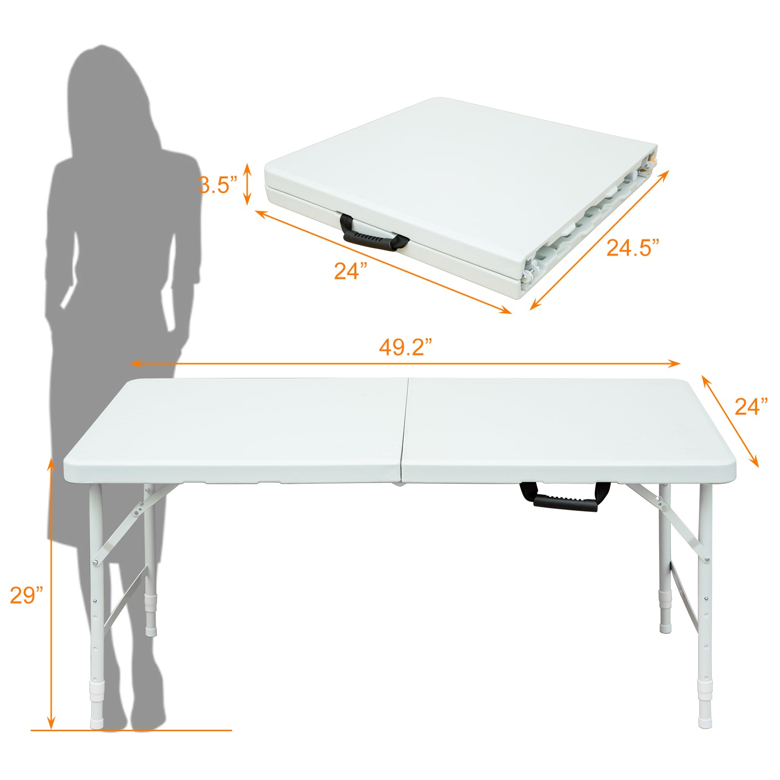 White folding table  L x  W with adjustable legs and carrying handle