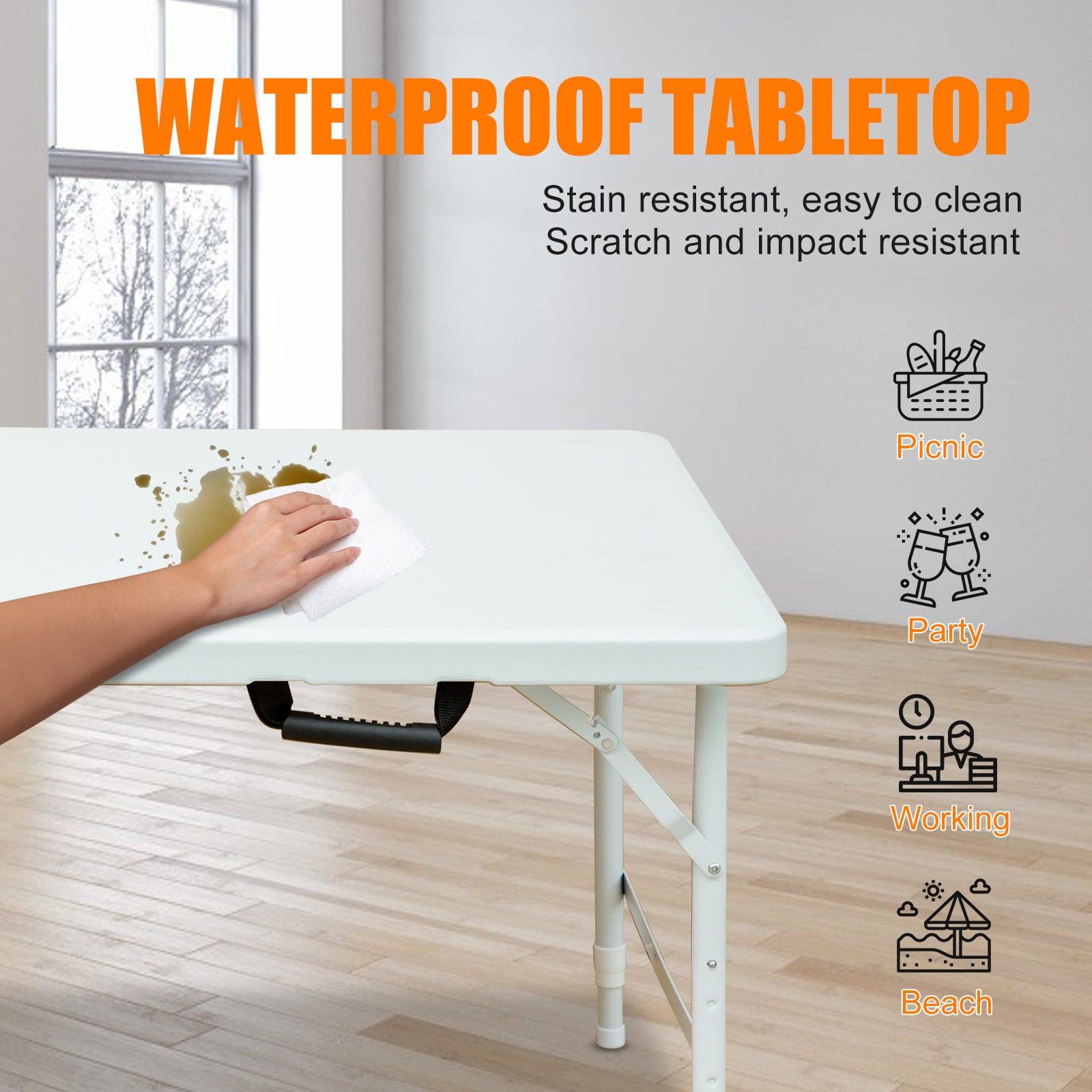 White waterproof tabletop being wiped clean