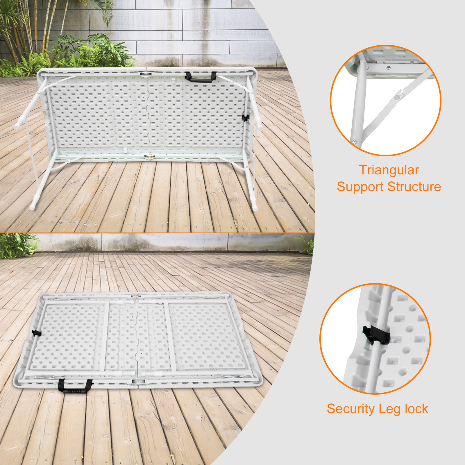 White foldable table with reinforced triangular support structure