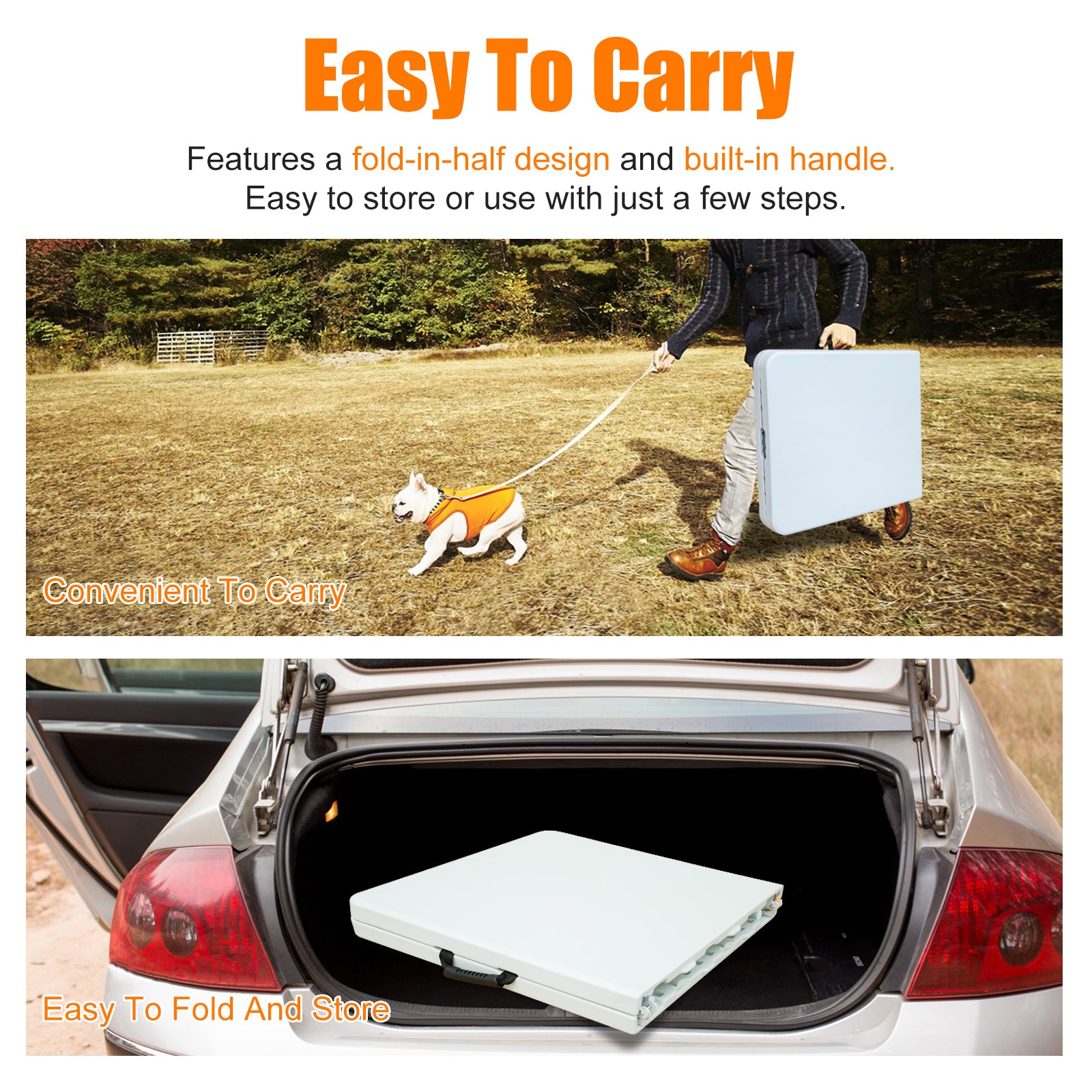Person carrying folded white portable table on grass