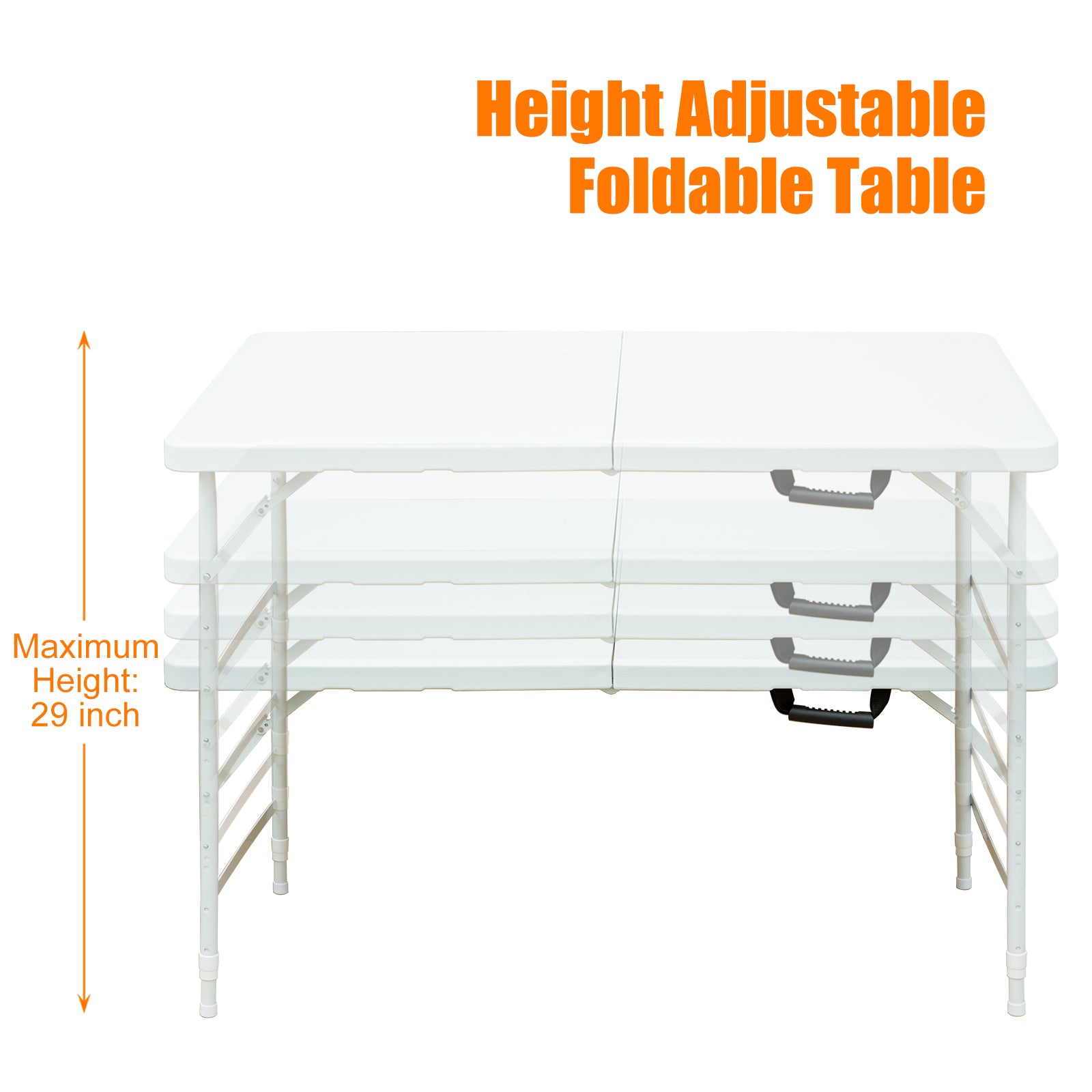 White plastic height adjustable foldable table with builtin handles for portability
