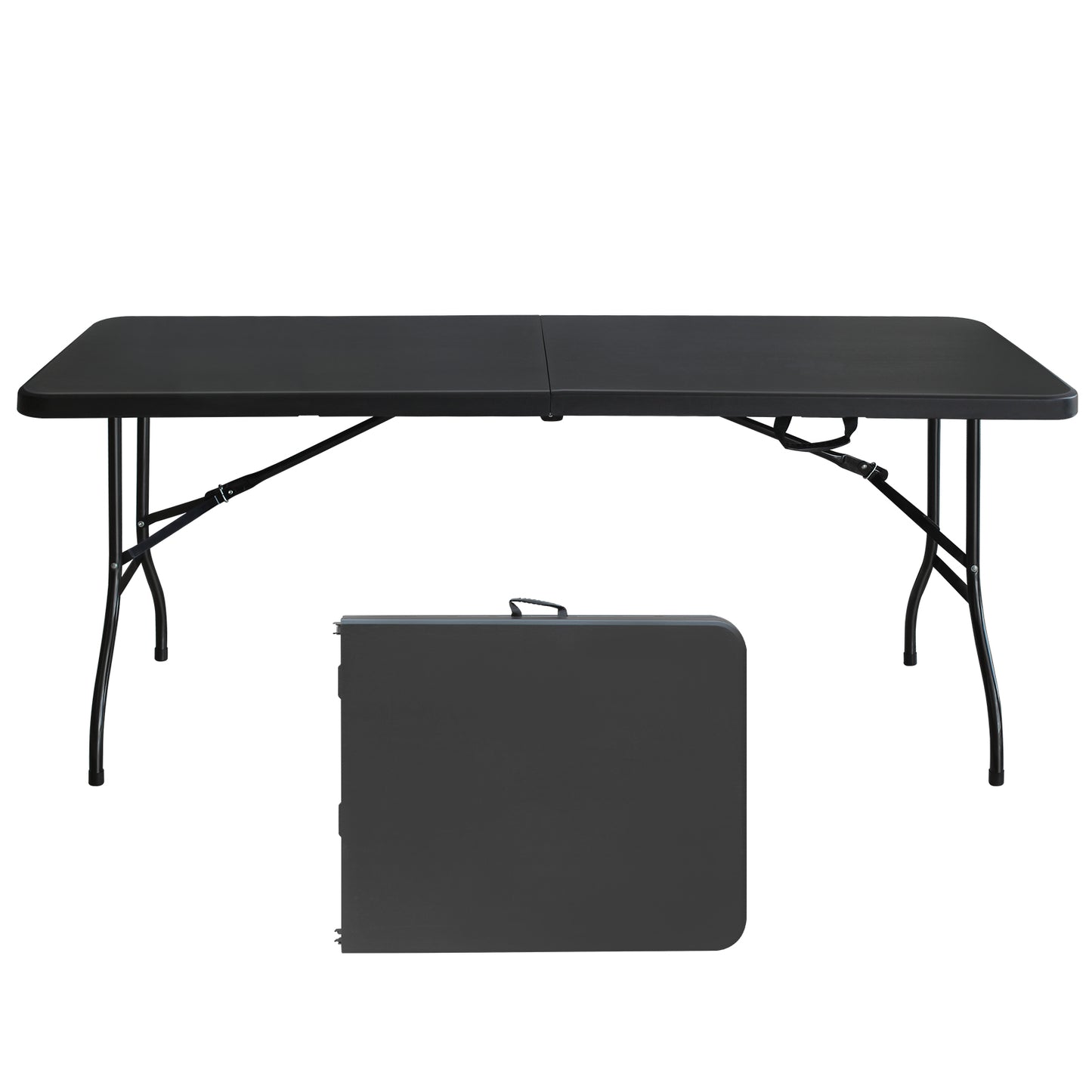 Black folding table with metal legs and folded table for storage