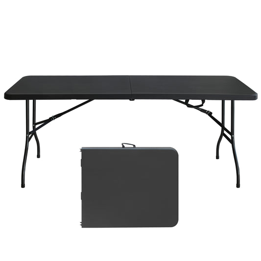 Black folding table with metal legs and folded table for storage