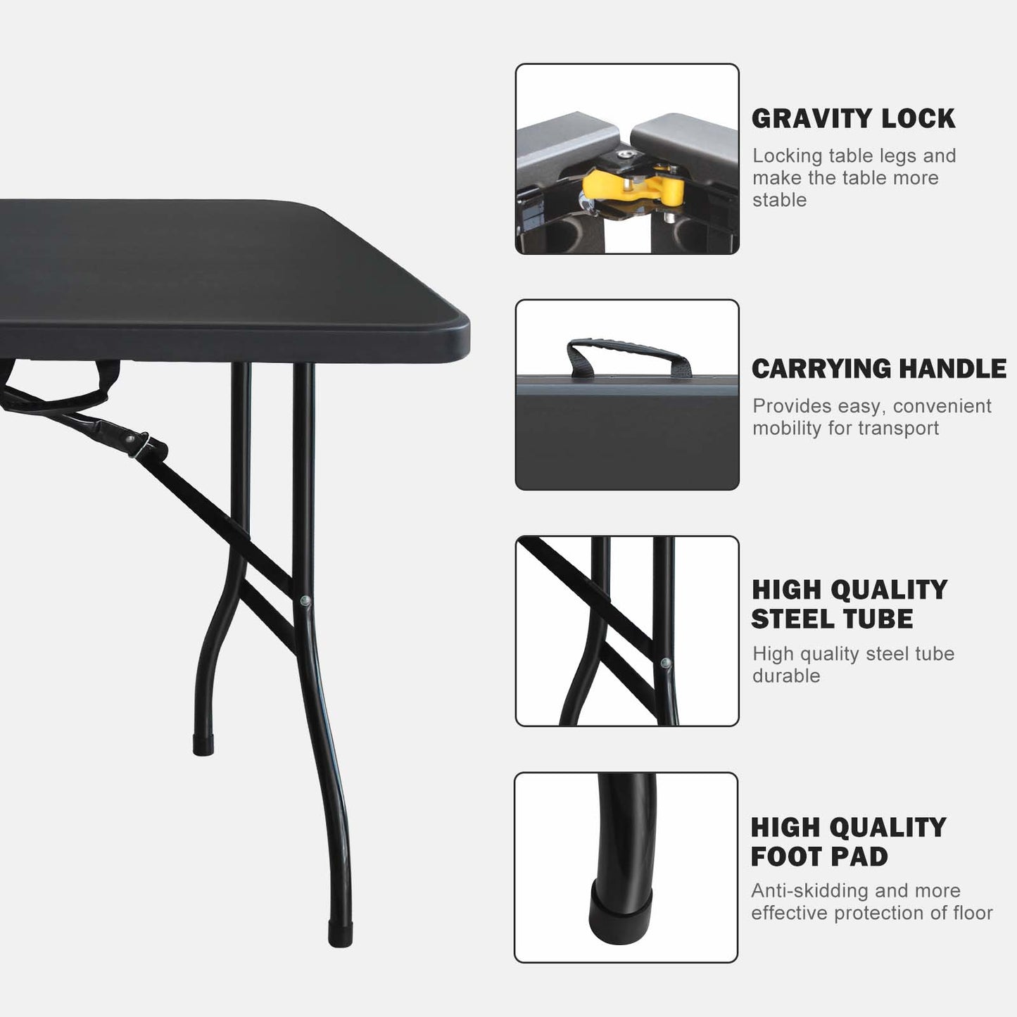 Black folding table with gravity lock mechanism for stability