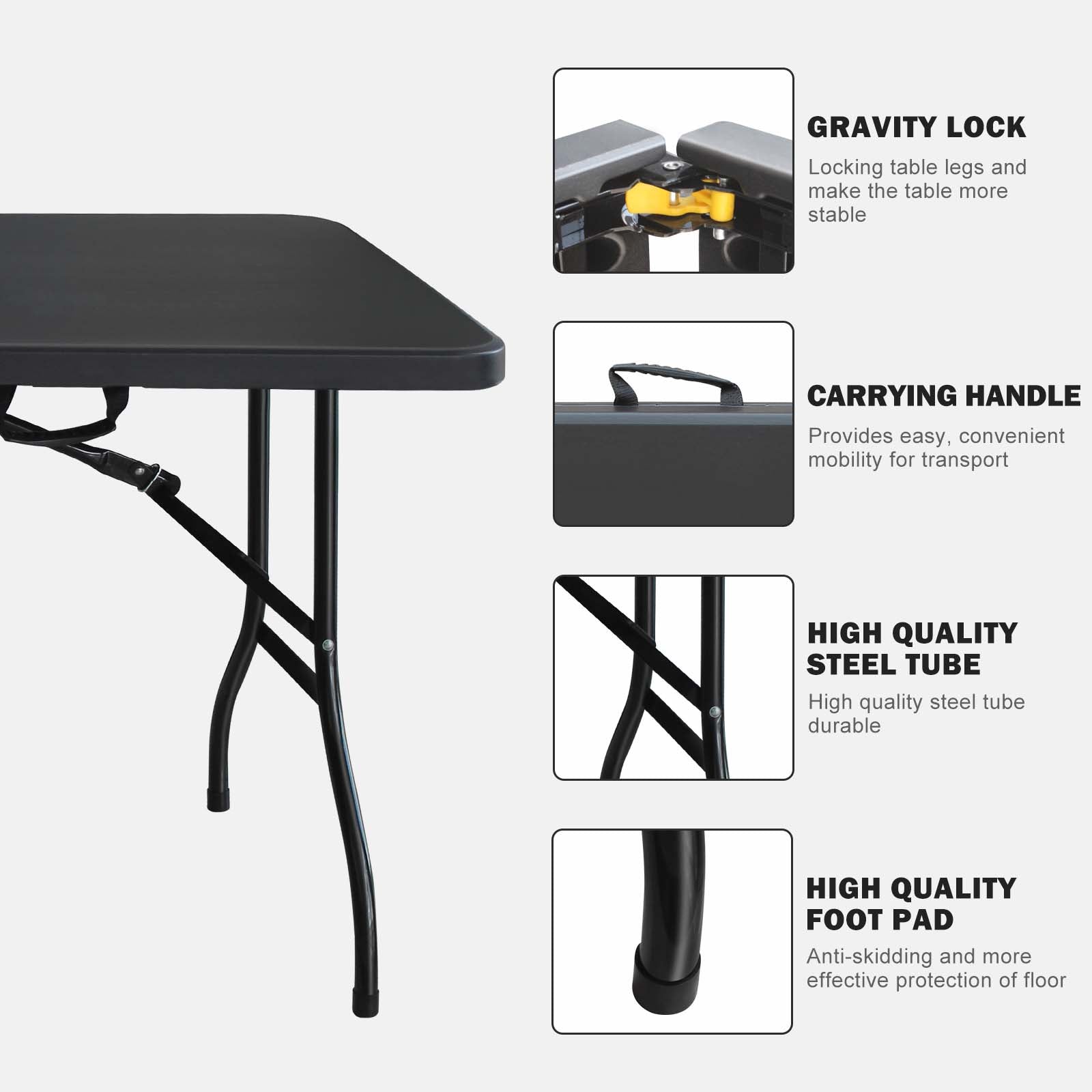 Black folding table with gravity lock mechanism for stability