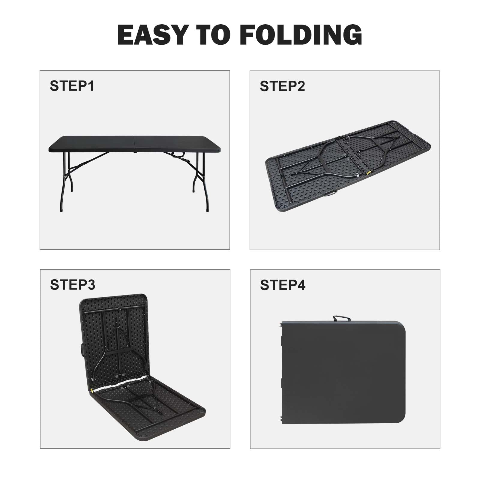 Step  Black folding table fully assembled with metal legs