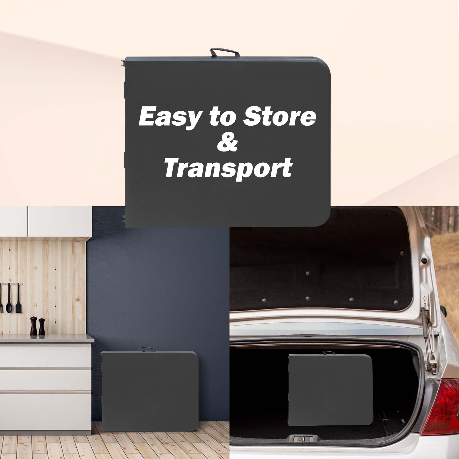 Gray folding table with handle for easy storage