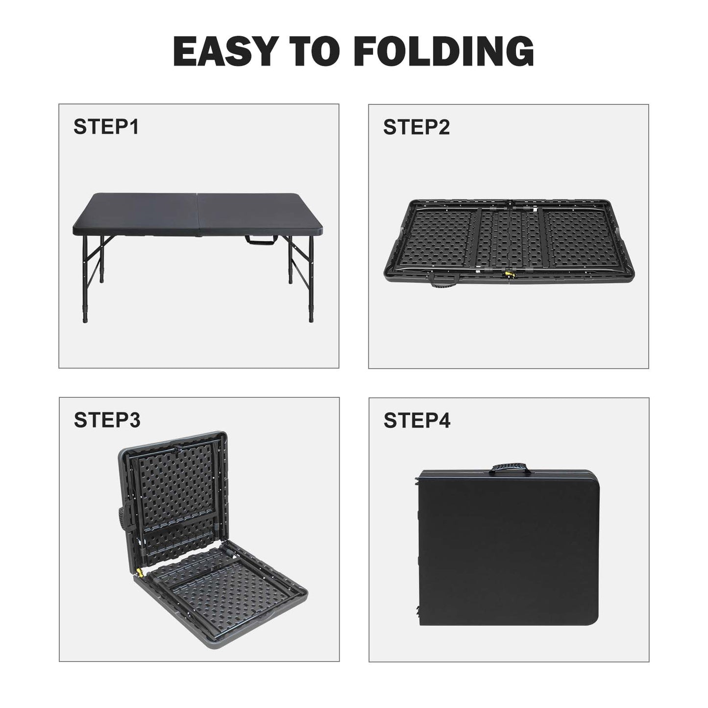Step  shows a black folding table fully extended on metal legs